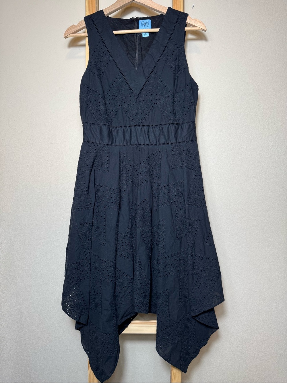 CeCe Black Eyelet Lace Handkerchief Hem Midi Dress Size 6
